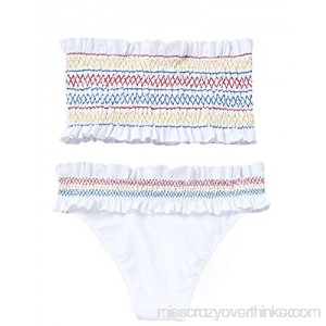 CAIYING Women's Ruffed Strapless Smocked Bandeau Two Piece Bikini Set Swimsuit White B07CPSW1Z8